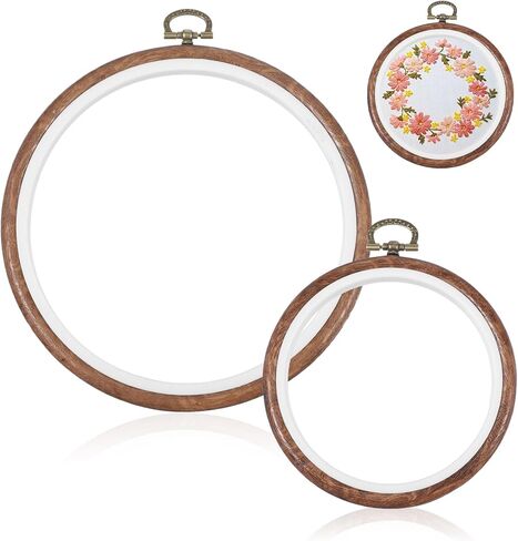 2Pcs Wooden Embroidery Hoops, Round Imitated Wood Circle Cross Stitch Hoop Ring for Christmas Ornaments Round Imitated Wood Display Frame for Embroidery Art Craft Sewing Hanging Ornaments(4/6 Inch) in Kuwait