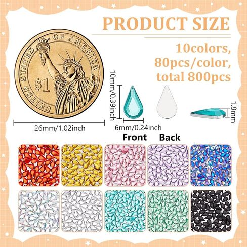 FINGERINSPIRE 800PCS Flat Back Rhinestones 10 Color Acrylic Teardrop Gems 6x10MM/0.24x0.39 Inch Teardrop Point Back Rhinestone for Jewelry Making DIY Crafts Costume Embellishments in Kuwait