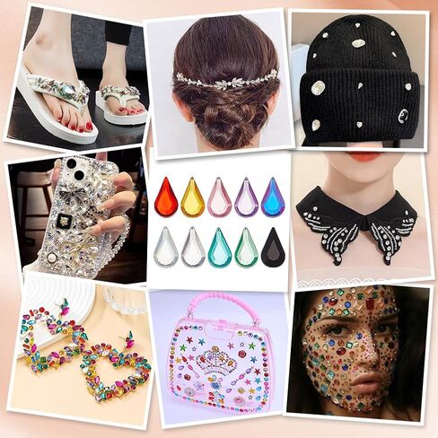 FINGERINSPIRE 800PCS Flat Back Rhinestones 10 Color Acrylic Teardrop Gems 6x10MM/0.24x0.39 Inch Teardrop Point Back Rhinestone for Jewelry Making DIY Crafts Costume Embellishments in Kuwait