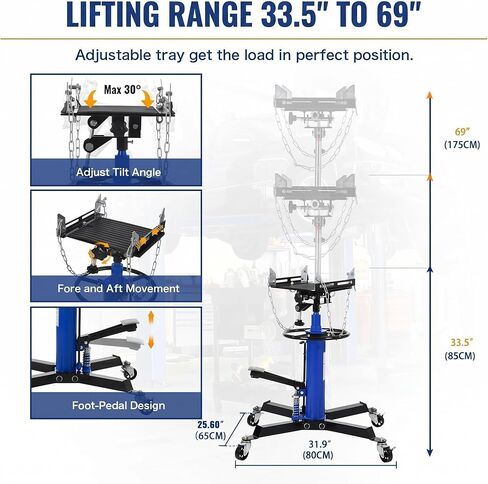 1322 LBS Transmission Jack High Lift 2-Stage Hydraulic Telescopic Stand, 33.5"-69" Height, Foot Pedal & 360° Swivel Wheels, Heavy Duty Transmission Lift for Car, Truck, Garage in Saudi Arabia