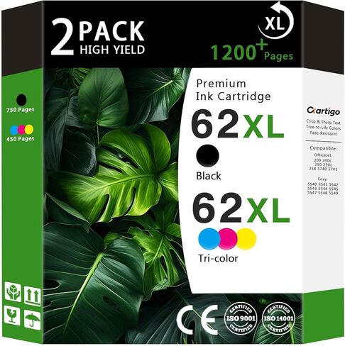 مجموعة خراطيش حبر عالية الإنتاجية 62XL (1 أسود/1 عبوة ثلاثية الألوان) متوافقة مع HP 62XL 62 بديلة لطابعات HP Envy 5540 5640 5660 7644 OfficeJet 5740 5741 8040 200 250 in Kuwait