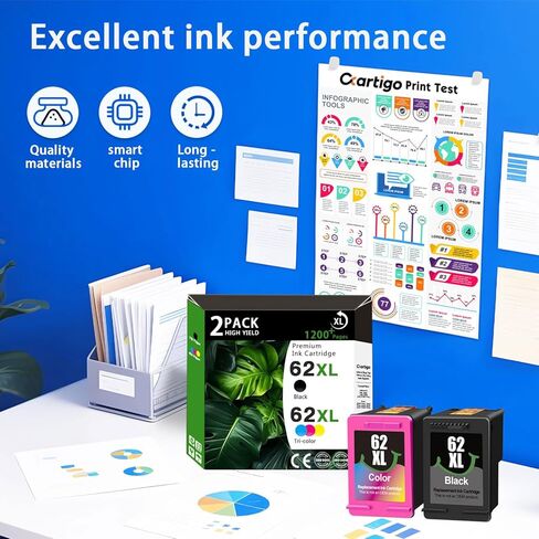 مجموعة خراطيش حبر عالية الإنتاجية 62XL (1 أسود/1 عبوة ثلاثية الألوان) متوافقة مع HP 62XL 62 بديلة لطابعات HP Envy 5540 5640 5660 7644 OfficeJet 5740 5741 8040 200 250 in Kuwait