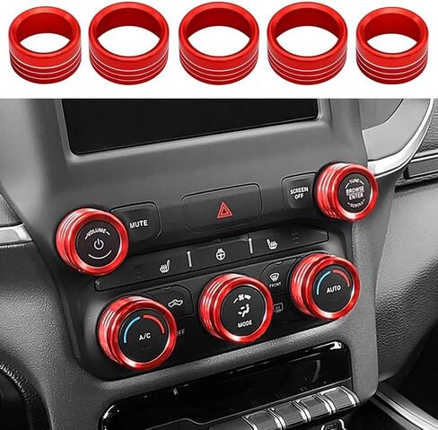 AC Knob Cover Trim for Ram 2019-2022, Air Condition & Volume Switch Knob Rings, Interior Accessories (5Pcs, Red) in Saudi Arabia
