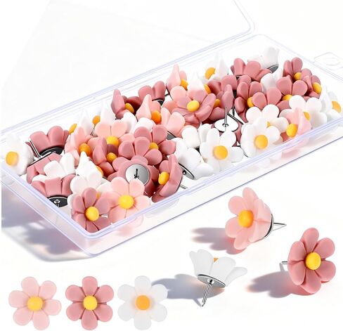 cobee 50 Pcs Flower Push Pins, Cute Push Pins for Floret Wall Thumb Tacks for Bulletin Board Office Hanging Photo Poster Feature Wall(Pink, White, Small, Flower) in Kuwait