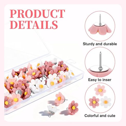 cobee 50 Pcs Flower Push Pins, Cute Push Pins for Floret Wall Thumb Tacks for Bulletin Board Office Hanging Photo Poster Feature Wall(Pink, White, Small, Flower) in Kuwait