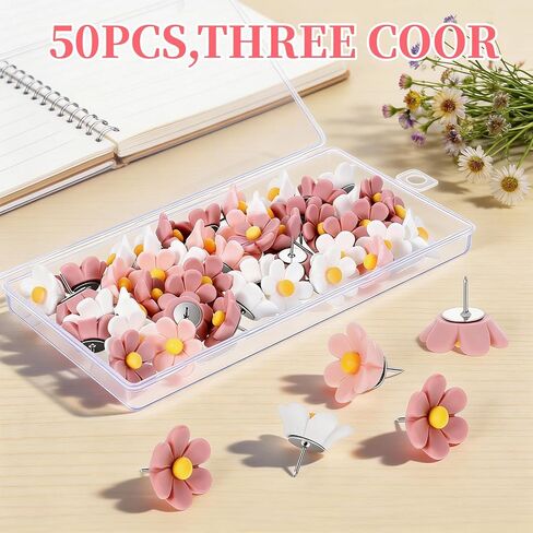 cobee 50 Pcs Flower Push Pins, Cute Push Pins for Floret Wall Thumb Tacks for Bulletin Board Office Hanging Photo Poster Feature Wall(Pink, White, Small, Flower) in Kuwait