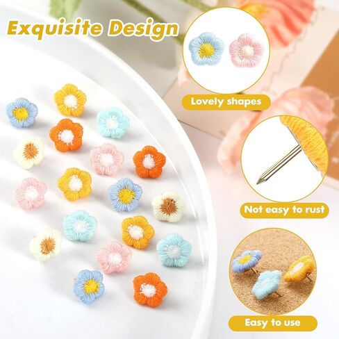 72 Pieces 6 Colors Thumbtacks, Decorative Thumb Tacks, Flower Push Pins, Cute Push Pins for Bulletin Board, Photo Wall, Cork Board, Map, Office Decor, Cubicle Accessories in Kuwait