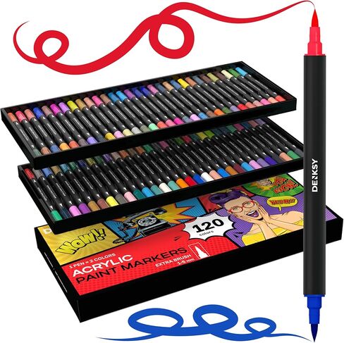 120 Dual Tip Acrylic Paint Markers Set | Colored Markers with Brush Tip | Art Markers for Adults | Acrylic Paint Pens for Rock Painting, Canvas, Glass, Wood, Ceramic, DIY Crafts, Fabric in Saudi Arabia