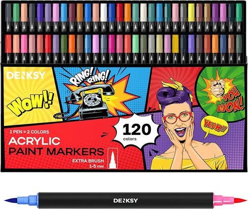 120 Dual Tip Acrylic Paint Markers Set | Colored Markers with Brush Tip | Art Markers for Adults | Acrylic Paint Pens for Rock Painting, Canvas, Glass, Wood, Ceramic, DIY Crafts, Fabric in Saudi Arabia