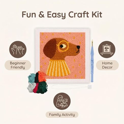 Beutthiar Punch Needle Embroidery Kit, Brown Dog Design, Starter Craft Set for Adults and Beginners, 25x25cm Frame, Stress Relief Gifts in Saudi Arabia