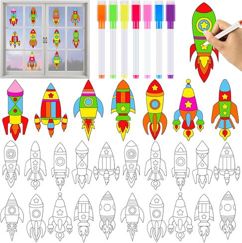 مجموعة Qyeahkj 30 قطعة من صاروخ الفضاء الخارجي Suncatcher Craft Kit لطلاء النوافذ على شكل صاروخ DIY، لون اللوحة الفنية الخاصة بك، هدايا هواية المشروع لأنشطة ديكور المنزل in Kuwait