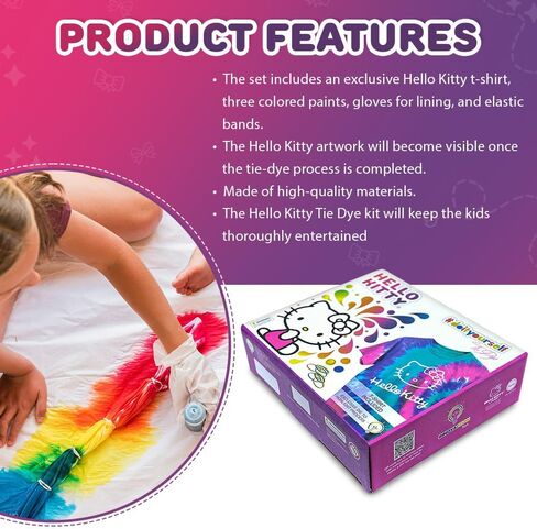 – Hello Kitty - Tie Dye Set - Set Includes with a T-Shirt, 3 Colored Paints, Lining, Gloves and Elastic Bands, Pack of 1 (S) in Saudi Arabia