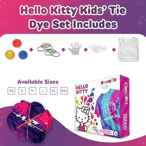 – Hello Kitty - Tie Dye Set - Set Includes with a T-Shirt, 3 Colored Paints, Lining, Gloves and Elastic Bands, Pack of 1 (S) in Saudi Arabia