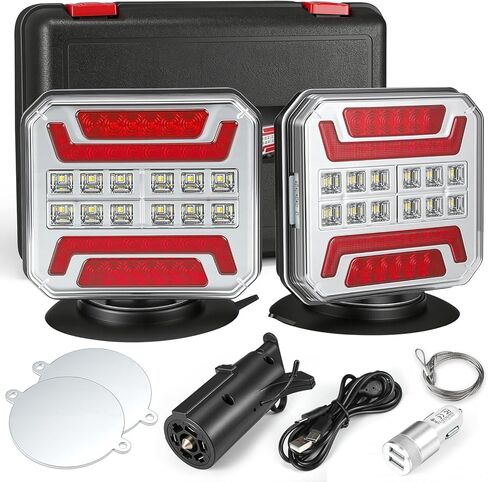 Partsam Wireless Trailer Light Kit 328FT Magnetic LED Square Portable Stop Turn Tail Lamp w/Strobe Function 7-Pin Plug Rechargeable 12-24V for Towing Trailers Trucks RVs Tractors in Kuwait