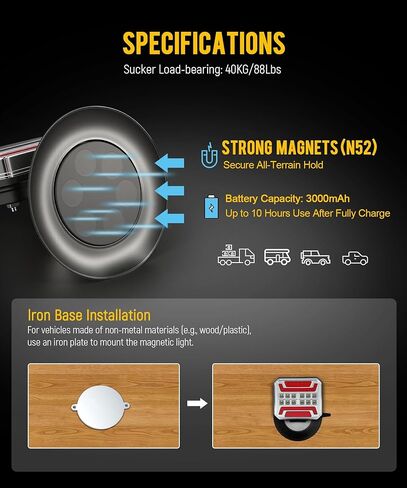 Partsam Wireless Trailer Light Kit 328FT Magnetic LED Square Portable Stop Turn Tail Lamp w/Strobe Function 7-Pin Plug Rechargeable 12-24V for Towing Trailers Trucks RVs Tractors in Kuwait