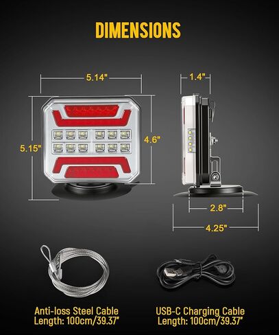 Partsam Wireless Trailer Light Kit 328FT Magnetic LED Square Portable Stop Turn Tail Lamp w/Strobe Function 7-Pin Plug Rechargeable 12-24V for Towing Trailers Trucks RVs Tractors in Kuwait