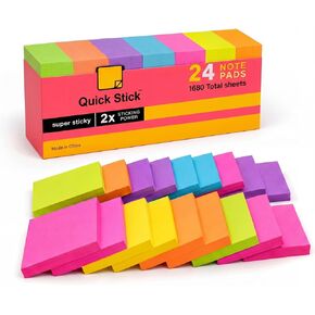 Sticky Notes, 24 Pads, 1680 Sheets Total, 3x3 in Bright Neon Colors, 2X Super Sticky Self-Stick Note Pads for Office, School, Home, Bulk Pack 70 Sheets Per Pad, Strong Hold Memo Notes in Saudi Arabia