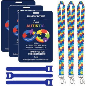 Autism Safety Tag Card with Loop Fastener Strips, Fashionable Lanyards for ID Badges, Cute Puzzle Badge Reel Retractable, Tag for Travel Communication (Pack of 3 Sets) in Saudi Arabia