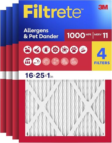 Filtrete 16x25x1 AC Furnace Air Filter, MERV 11, MPR 1000, Micro Allergen Defense, 3-Month Pleated 1-Inch Electrostatic Air Cleaning Filter, 4 Pack (Actual Size 15.69 x 24.69 x 0.81 in) in Saudi Arabia