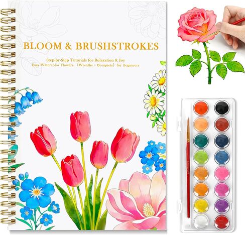 Creazic Watercolor Workbook for Adult Beginners, Water Coloring Book with Floral Designs on 140lb Paper, Easy Step-by-Step Watercolor Tutorial for Stress-Relief & Fun Watercolor Painting (Book Only) in Saudi Arabia