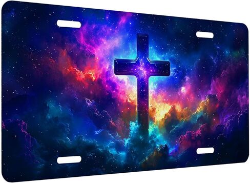 Jesus Cross Front License Plate for Women Galaxy Nebula Cosmic Car Vanity Plates Decorative Aluminum Metal Cute Novelty License Plate for Men 6x12 Inch (4 Holes) in Saudi Arabia