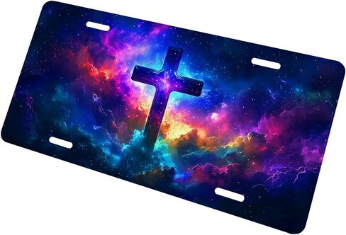 Jesus Cross Front License Plate for Women Galaxy Nebula Cosmic Car Vanity Plates Decorative Aluminum Metal Cute Novelty License Plate for Men 6x12 Inch (4 Holes) in Saudi Arabia