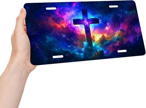 Jesus Cross Front License Plate for Women Galaxy Nebula Cosmic Car Vanity Plates Decorative Aluminum Metal Cute Novelty License Plate for Men 6x12 Inch (4 Holes) in Saudi Arabia