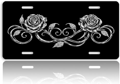 Rose Front License Plate for Men Vintage Silver Floral Gothic Vine Car Vanity Plates Decorative Aluminum Metal Cute Novelty License Plate for Women 6x12 Inch (4 Holes) in Saudi Arabia
