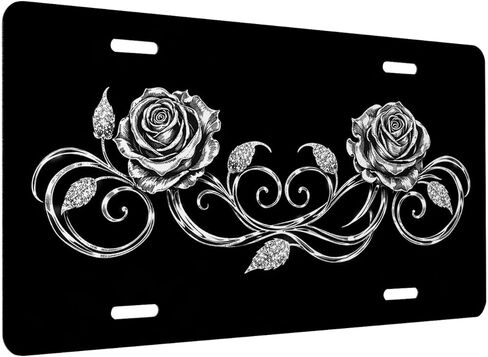 Rose Front License Plate for Men Vintage Silver Floral Gothic Vine Car Vanity Plates Decorative Aluminum Metal Cute Novelty License Plate for Women 6x12 Inch (4 Holes) in Saudi Arabia