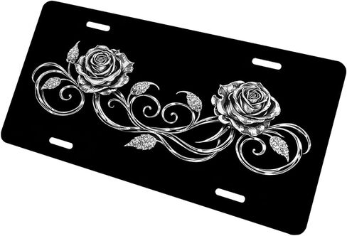 Rose Front License Plate for Men Vintage Silver Floral Gothic Vine Car Vanity Plates Decorative Aluminum Metal Cute Novelty License Plate for Women 6x12 Inch (4 Holes) in Saudi Arabia