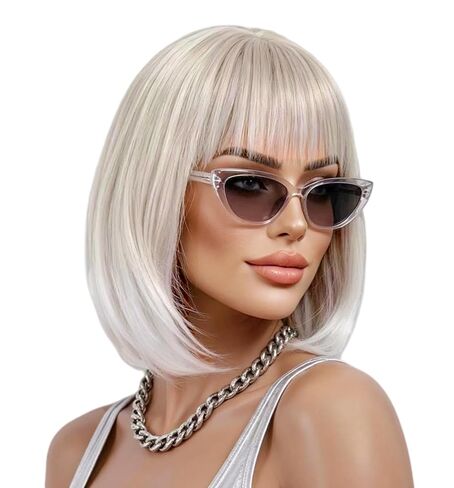 Rugelyss Short Strawberry Blonde Bob Wigs for Women Shoulder Length Straight Highlight Synthetic Hair Wigs with Bangs in Saudi Arabia