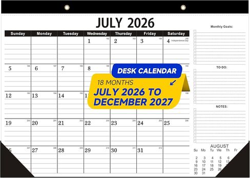2026-2027 Desk Calendar - 18 Month Teacher Planner (July 2026 - Dec 2027), 17" x 12" Large Monthly Classroom Calendar, 120g Bleed-Resistant Paper with Golden Hanging Holes for School in Saudi Arabia