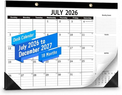 2026-2027 Desk Calendar - 17" x 12" Monthly Academic Wall Calendar, July 2026 - Dec 2027, 18 Months Planner with Golden Hanging Holes, 120g Bleed-Resistant Paper for Teachers, Students & Office in Saudi Arabia