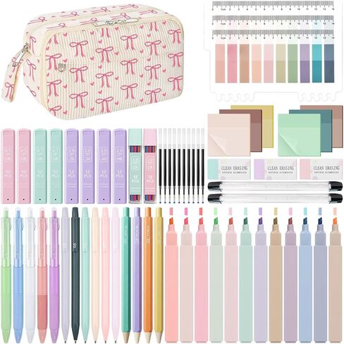 WOBAGMEN 62PCS Aesthetic School Supplies with Corduroy Pencil Case, Pastel Highlighters Gel Pens Mechanical Pencils, Cute College Essentials Set (Bow Heart) in Saudi Arabia