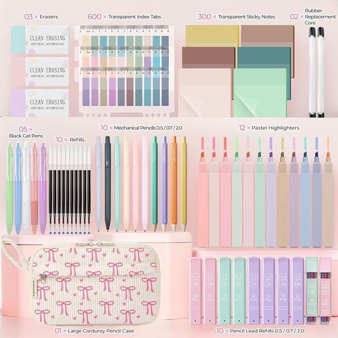 WOBAGMEN 62PCS Aesthetic School Supplies with Corduroy Pencil Case, Pastel Highlighters Gel Pens Mechanical Pencils, Cute College Essentials Set (Bow Heart) in Saudi Arabia