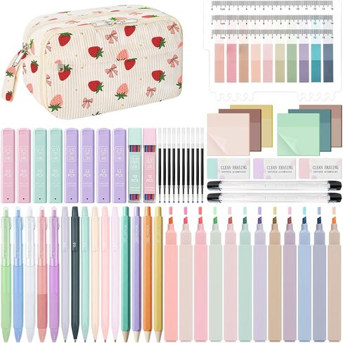 WOBAGMEN 62PCS Aesthetic School Supplies with Corduroy Pencil Case, Pastel Highlighters Gel Pens Mechanical Pencils, Cute College Essentials Set (Bow Heart) in Saudi Arabia