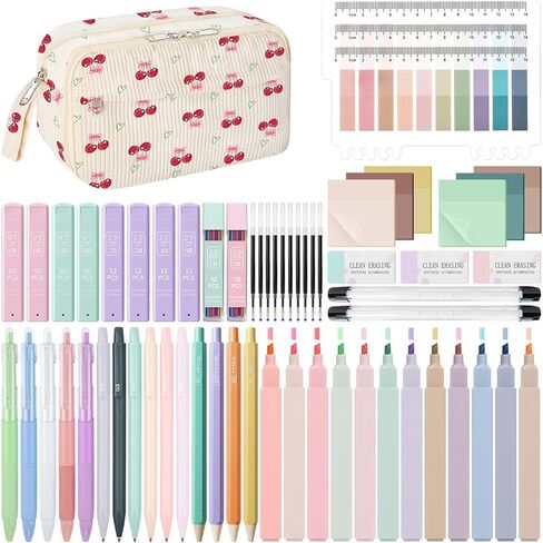 WOBAGMEN 62PCS Aesthetic School Supplies with Corduroy Pencil Case, Pastel Highlighters Gel Pens Mechanical Pencils, Cute College Essentials Set (Bow Heart) in Saudi Arabia
