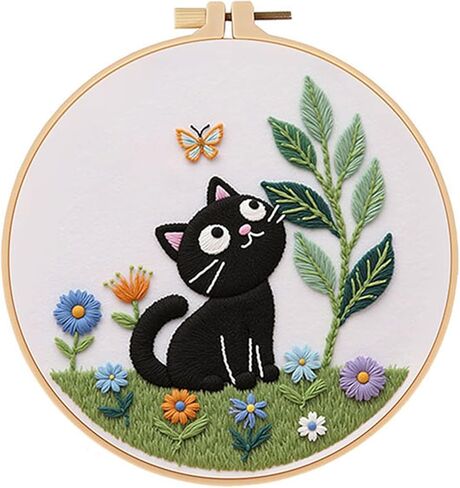 ZGEZGE Cat Embroidery Set – A Cute Black cat and Butterfly Pastoral Style DIY Embroidery Beginner Set Suitable for Both Beginners and Adults. Perfect for Handmade Gifts and Home décor. in Saudi Arabia