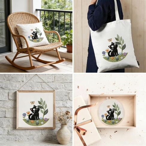 ZGEZGE Cat Embroidery Set – A Cute Black cat and Butterfly Pastoral Style DIY Embroidery Beginner Set Suitable for Both Beginners and Adults. Perfect for Handmade Gifts and Home décor. in Saudi Arabia