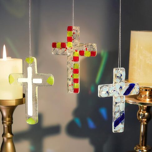 H&D HYALINE & DORA Glass Cross Hanging Ornaments for Car Rear View Mirror Charm Religious Christian Crystal Cross Cemetery Decorations for Grave(Colorful) in Saudi Arabia