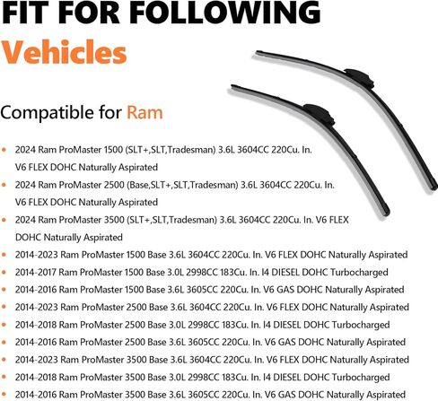 AUCERAMIC 26" + 22" Windshield Wiper Blades Fit for 2014-2024 Ram Promaster 1500 2500 3500 Base 3.6L V6 3.0L I4, Hook Connector, All-Season Wipers, driver &passenger side wiper in Kuwait