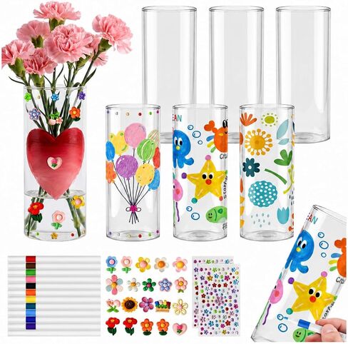 Cinrobiye 6 Set DIY Glass Vase Craft Kit, Clear Glass Flower Vase Painting Set with Decorative Flowers, Stickers and Pens for Home Decor, Creative Art Projects and Table Decoration in Kuwait
