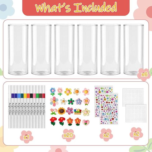 Cinrobiye 6 Set DIY Glass Vase Craft Kit, Clear Glass Flower Vase Painting Set with Decorative Flowers, Stickers and Pens for Home Decor, Creative Art Projects and Table Decoration in Kuwait