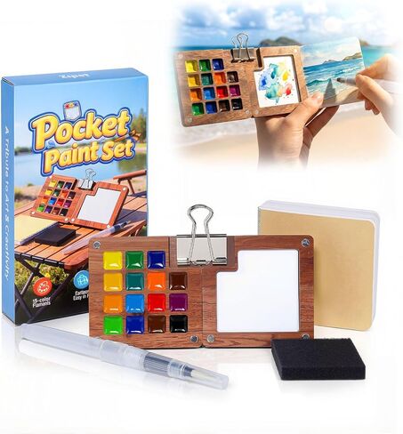 Mini Watercolor Travel Set, 15 Color Pocket Watercolor Paint Set with Watercolor Journal, Metal Clip, Water Brush, Absorbent Sponge Art Gift Kit for Painting (5) in Saudi Arabia