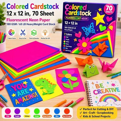 Colored Cardstock 12 x 12 in,70 Sheet Fluorescent Neon Paper 180 GSM/65 LB HeavyWeight Card Stock Set of 7 Colors Construction Paper for Cutting DIY Art Craft Scrapbookfor Kids School Supplies in Saudi Arabia