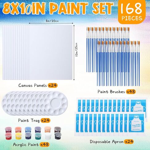 24 Set Painting Supplies Kit for Adults with 8 x 10 Inch Canvas Boards 12 Colors Mini Acrylic Paint, Brushes, Palettes, Aprons for Sip and Paint Adults Beginners Painting Party in Kuwait