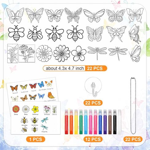 FunooFuno 22 مجموعة من الزجاج الملون على شكل فراشة مجموعة أدوات حرفية لصائد الشمس DIY للهدايا للبالغين في سن المراهقة مع أقلام، ودليل تعليمات، وسلسلة، وخطاف لديكور المنزل في الربيع in Kuwait