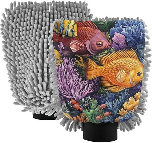 AIXIWAWA Car Wash Mitt Washing Glove Scratch Free Water Absorbent 2 Pack Large Fishes Coral Print in Kuwait