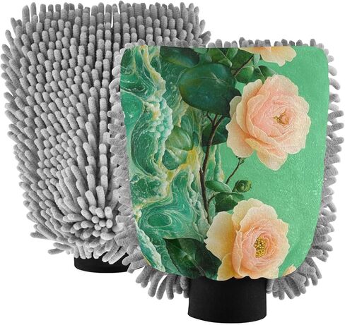 AIXIWAWA Car Wash Mitt Washing Glove Scratch Free Water Absorbent 2 Pack Medium Elegant Flower Print in Kuwait