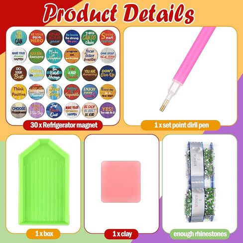 Motipuns 30 Pcs Inspirational Diamond Art Kits Magnetic Motivational Diamond Painting Magnets Kits Positive Affirmation 5d DIY Art Fridge Magnet Refrigerator Sticker for Adult Beginner Home Car Garage in Kuwait